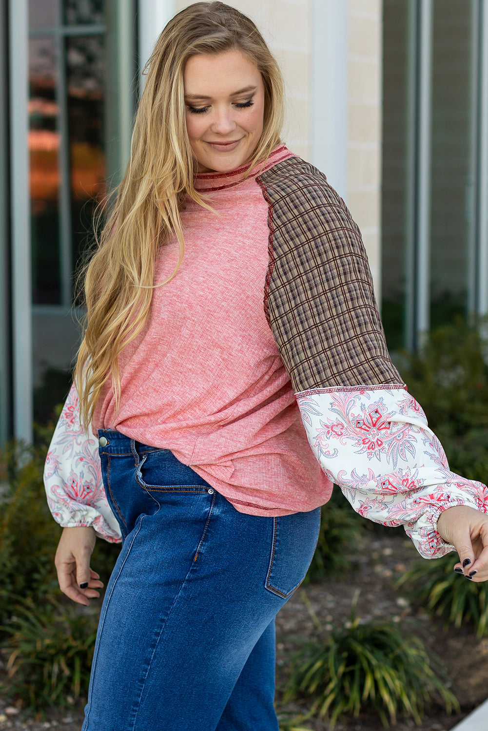 *Pink Checkered Paisley Patchwork Raglan Sleeve Seamed Plus Size Top