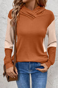 *Gold Flame Contrast Color Ribbed Patchwork Crossed Pullover Neck Hoodie