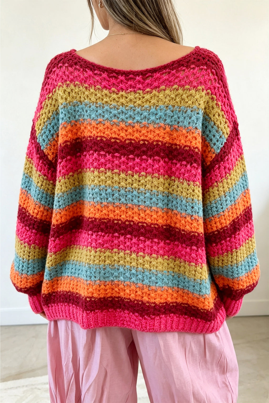 *Rose Red Crochet Striped Knit Oversize Sweater