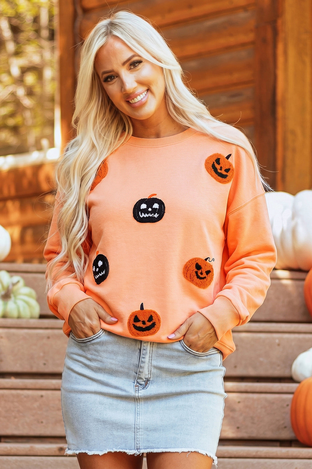 *Orange Embroidered Pumpkin Face Drop Shoulder Sweatshirt