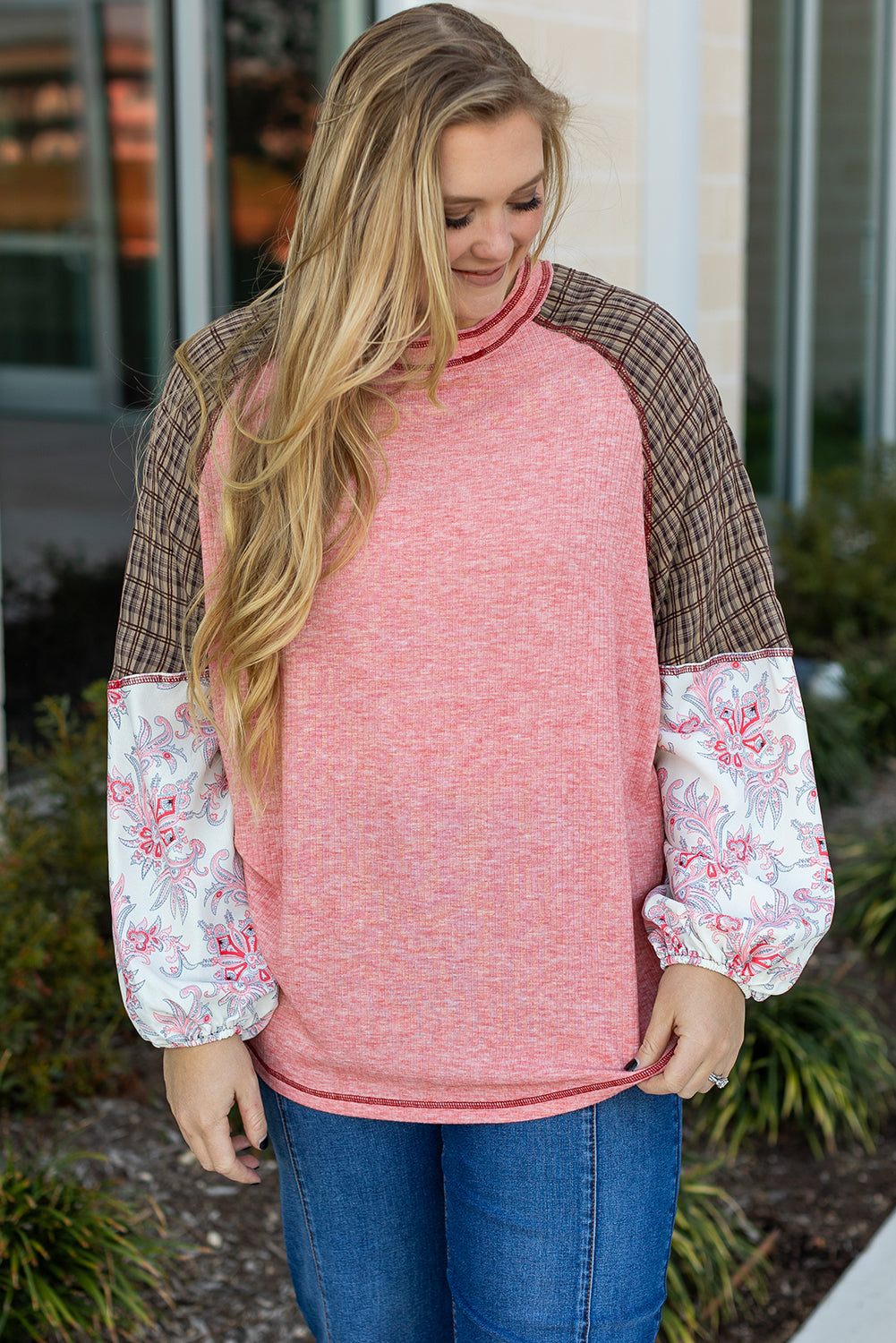 *Pink Checkered Paisley Patchwork Raglan Sleeve Seamed Plus Size Top