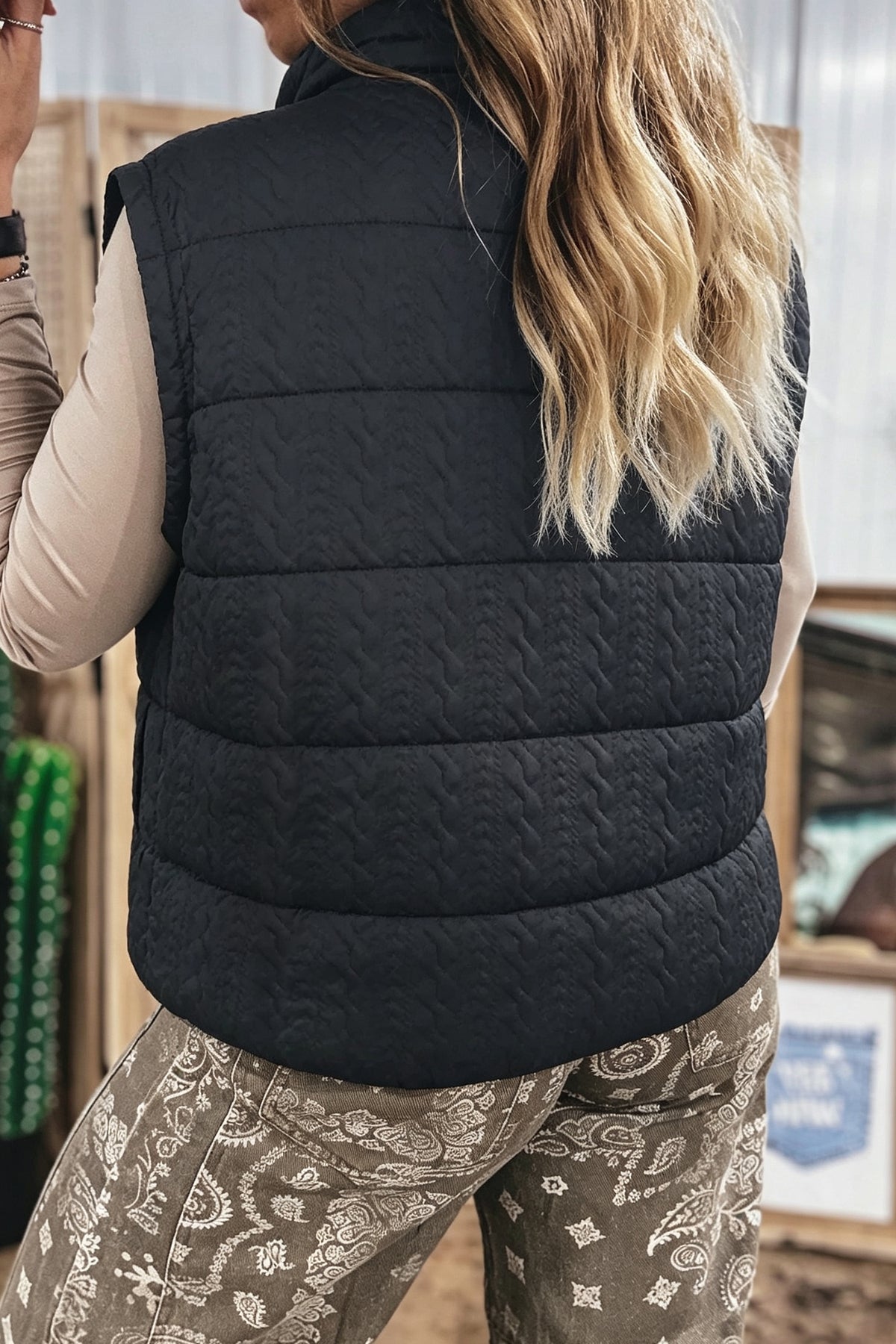 *Black Textured Quilted Stand Neck Zipper Winter Vest