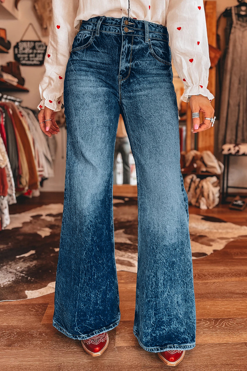 *Sail Blue Acid Wash Pocket Detail Flare Jeans