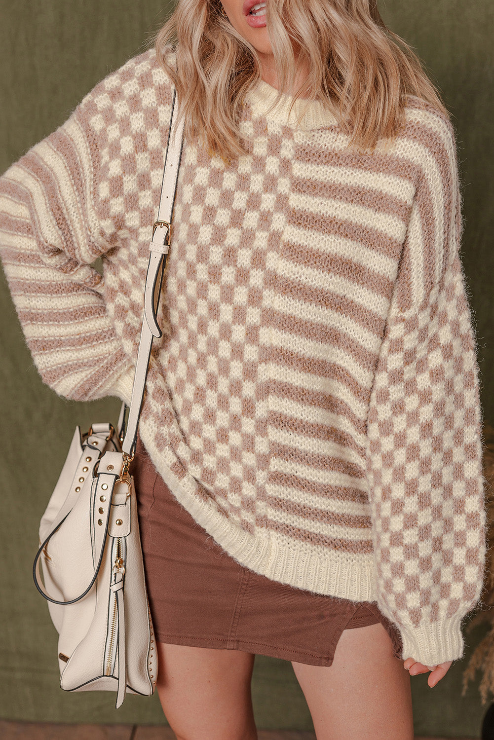 *Khaki Stripe Checkerboard Drop Shoulder Balloon Sleeve Sweater