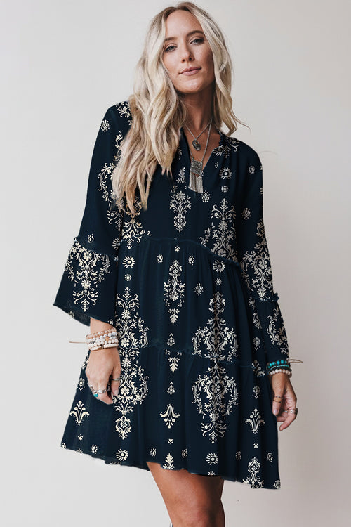 *Blue Boho Floral Print Lettuce Trim 3/4 Sleeve Mini Dress