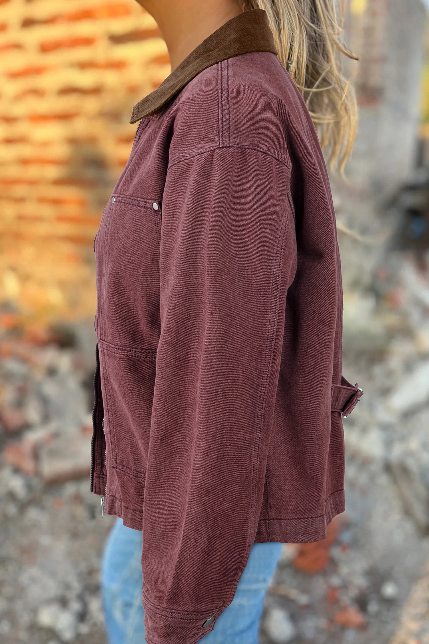 *Coffee Corduroy Collar Zipped Front Denim Jacket