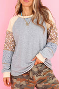 *Light Grey Color Block Floral Waffle Mixed Patchwork Long Sleeve Top