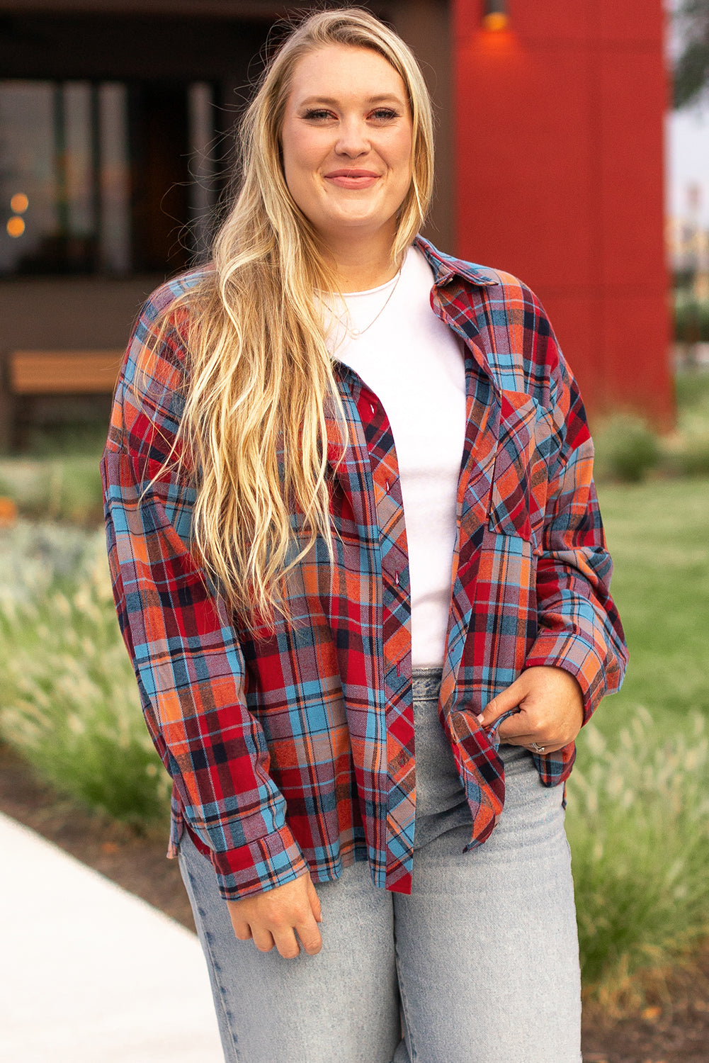 *Red Plus Size Plaid Print Buttoned Shirt