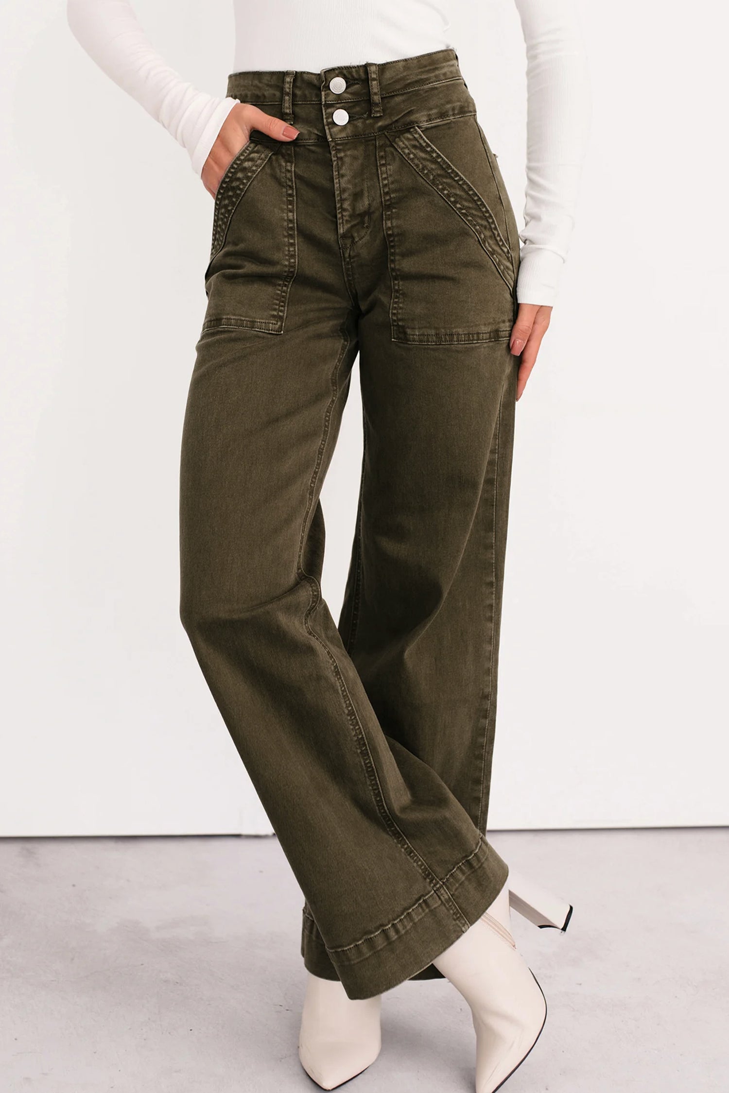 *Jungle Green Double Waistband Loose Straight Jeans