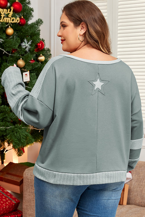 *Mist Green Stars Patchwork Round Neck Plus Size T Shirt