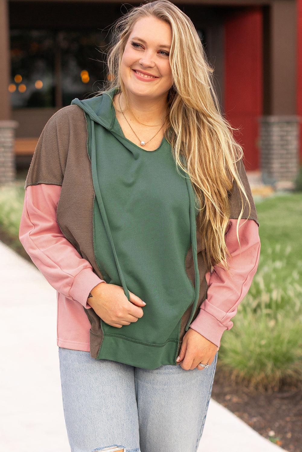 *Green Plus Size Colorblock Patchwork V Neck Hoodie