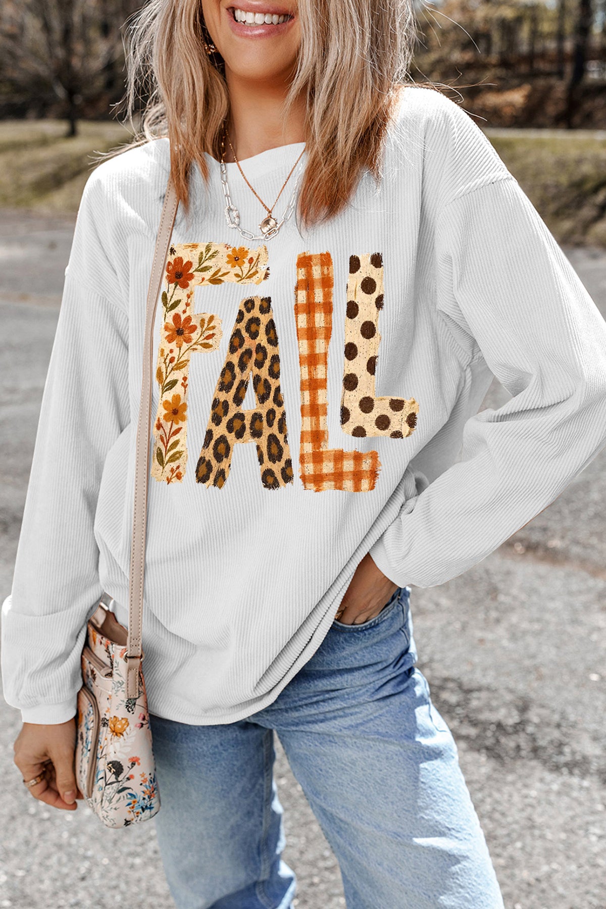 *White Fall Letter Pattern Graphic Customized Corded Sweatshirt