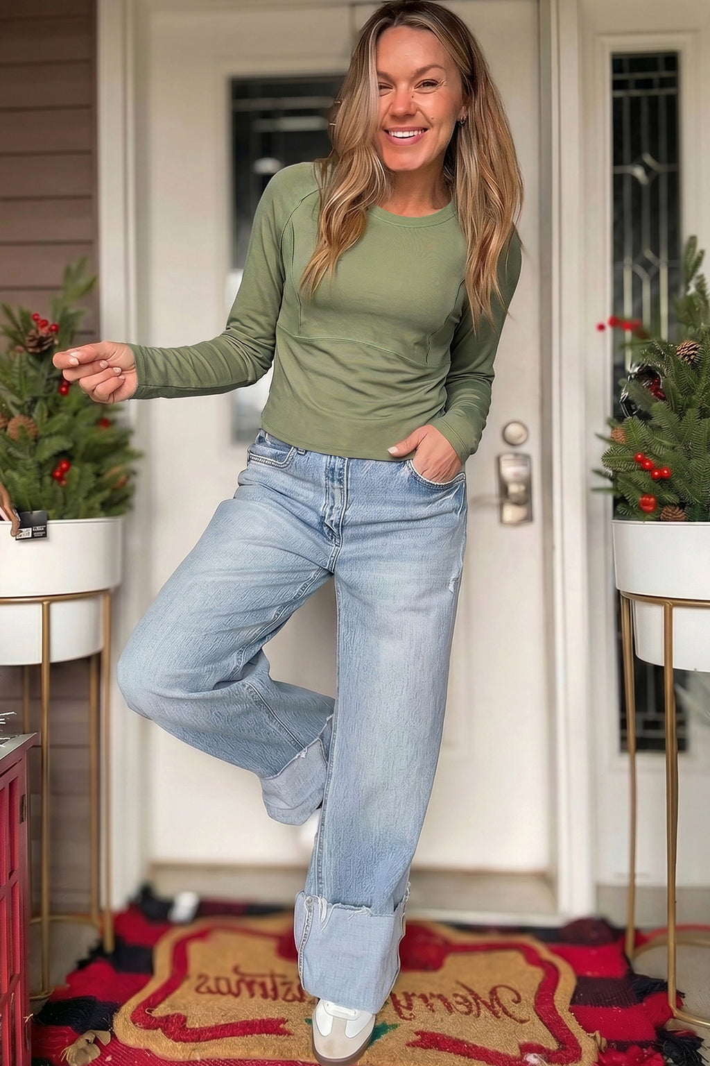 *Guacamole Green Round Neck Paneling Long Sleeve Top