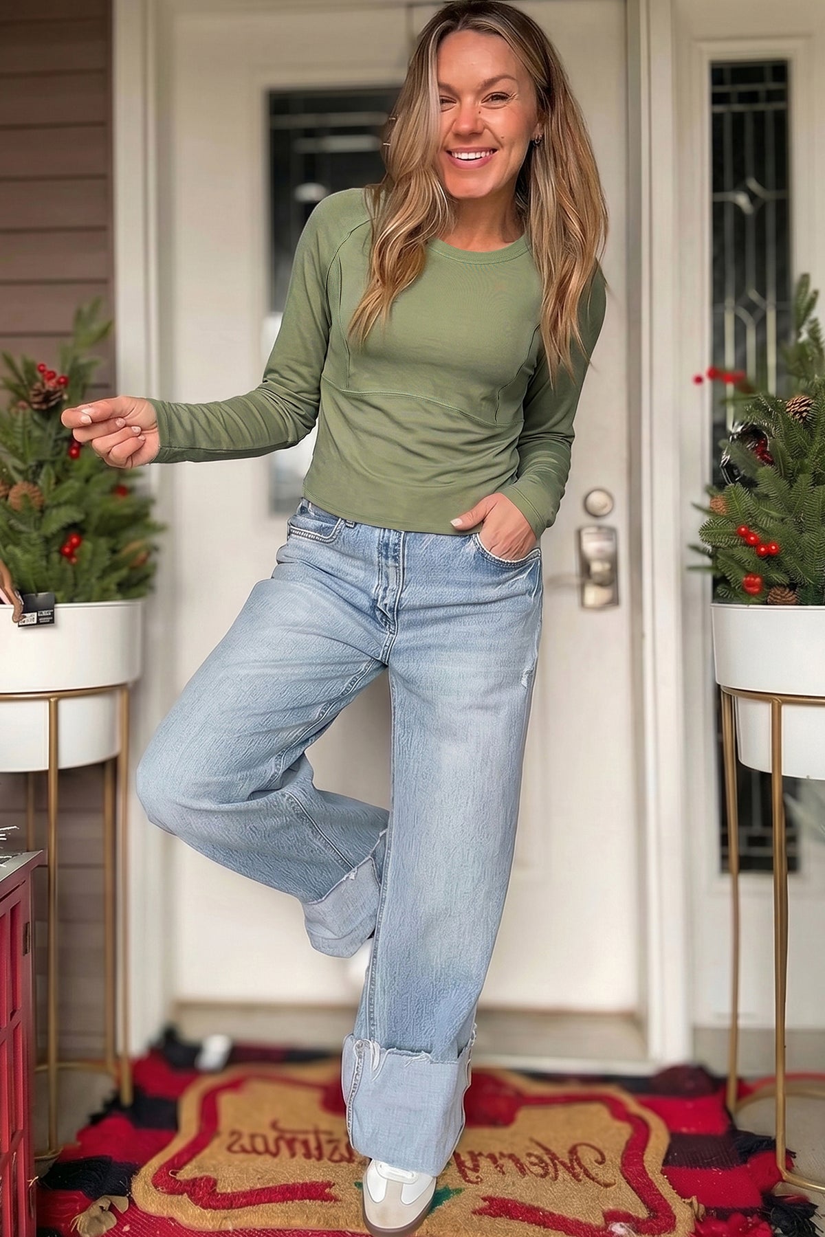 *Guacamole Green Round Neck Paneling Long Sleeve Top