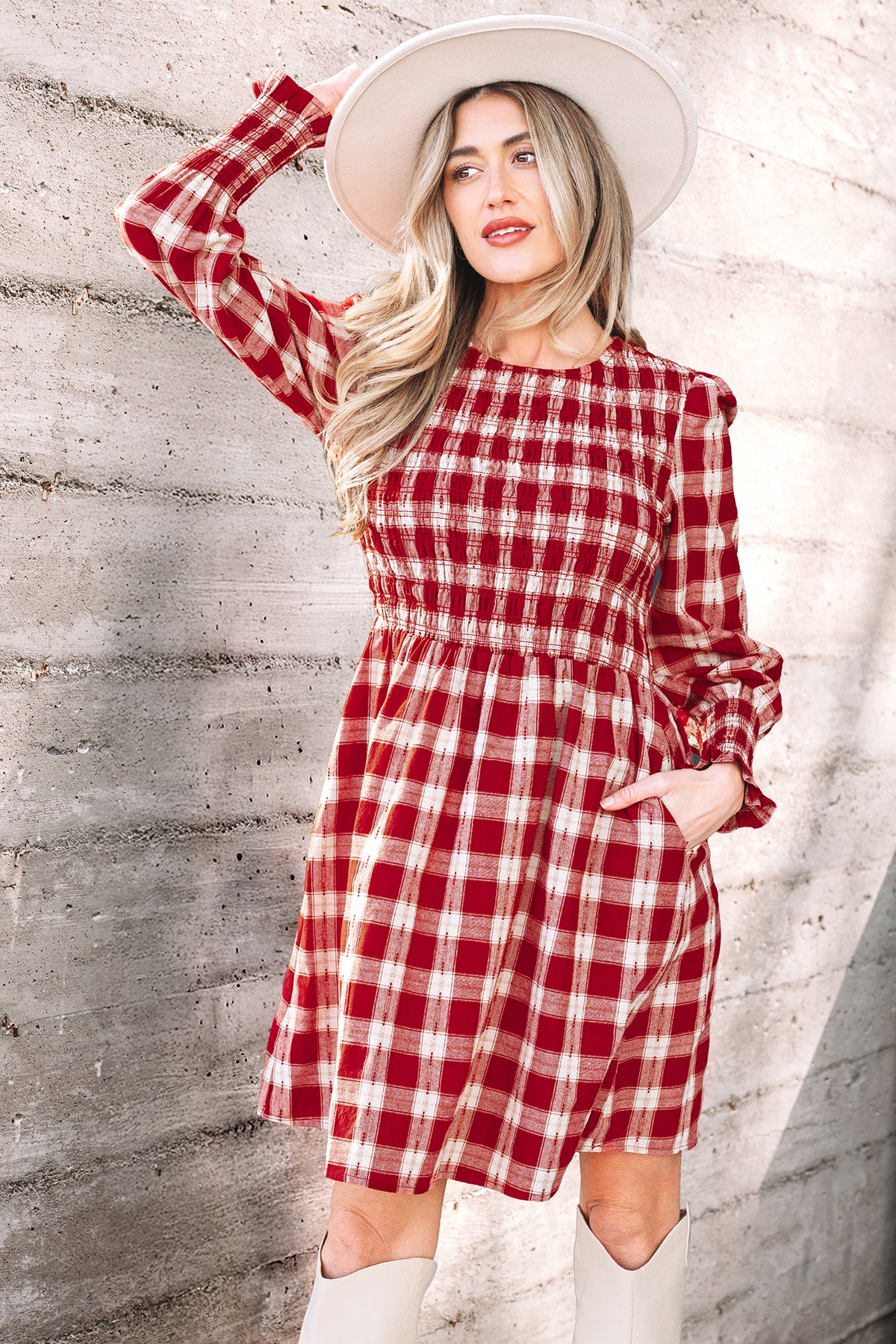 *Red Plaid Print Smocked Puff Sleeve Mini Dress