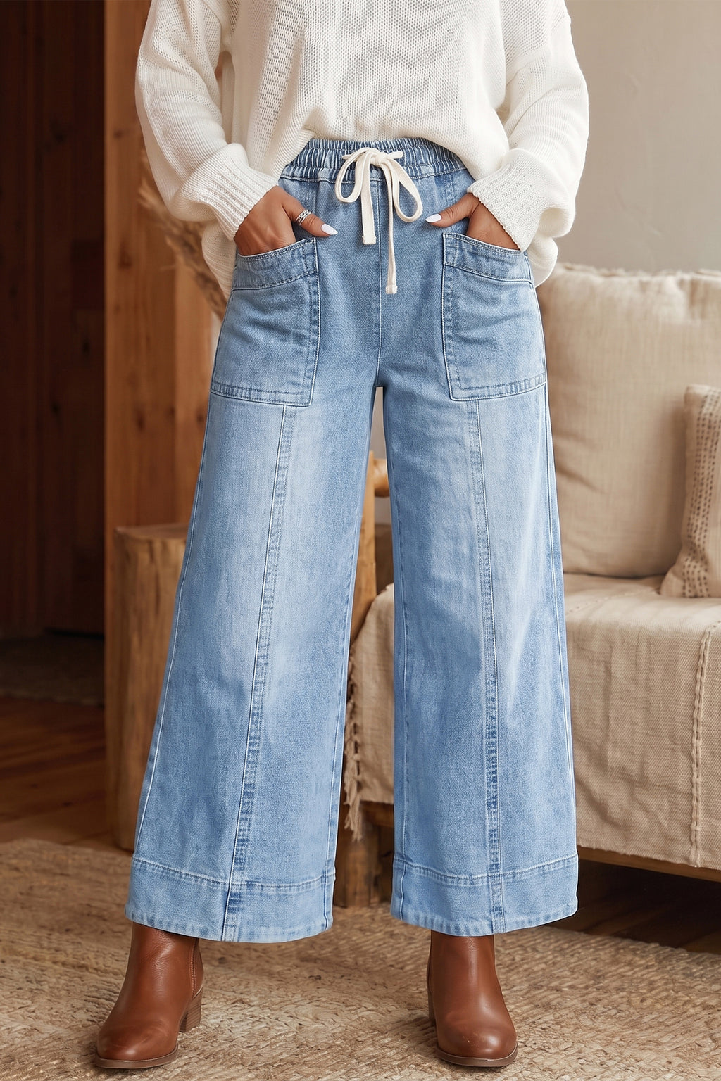 *Beau Blue Drawstring Waist Wide Leg Ankle Length Jeans