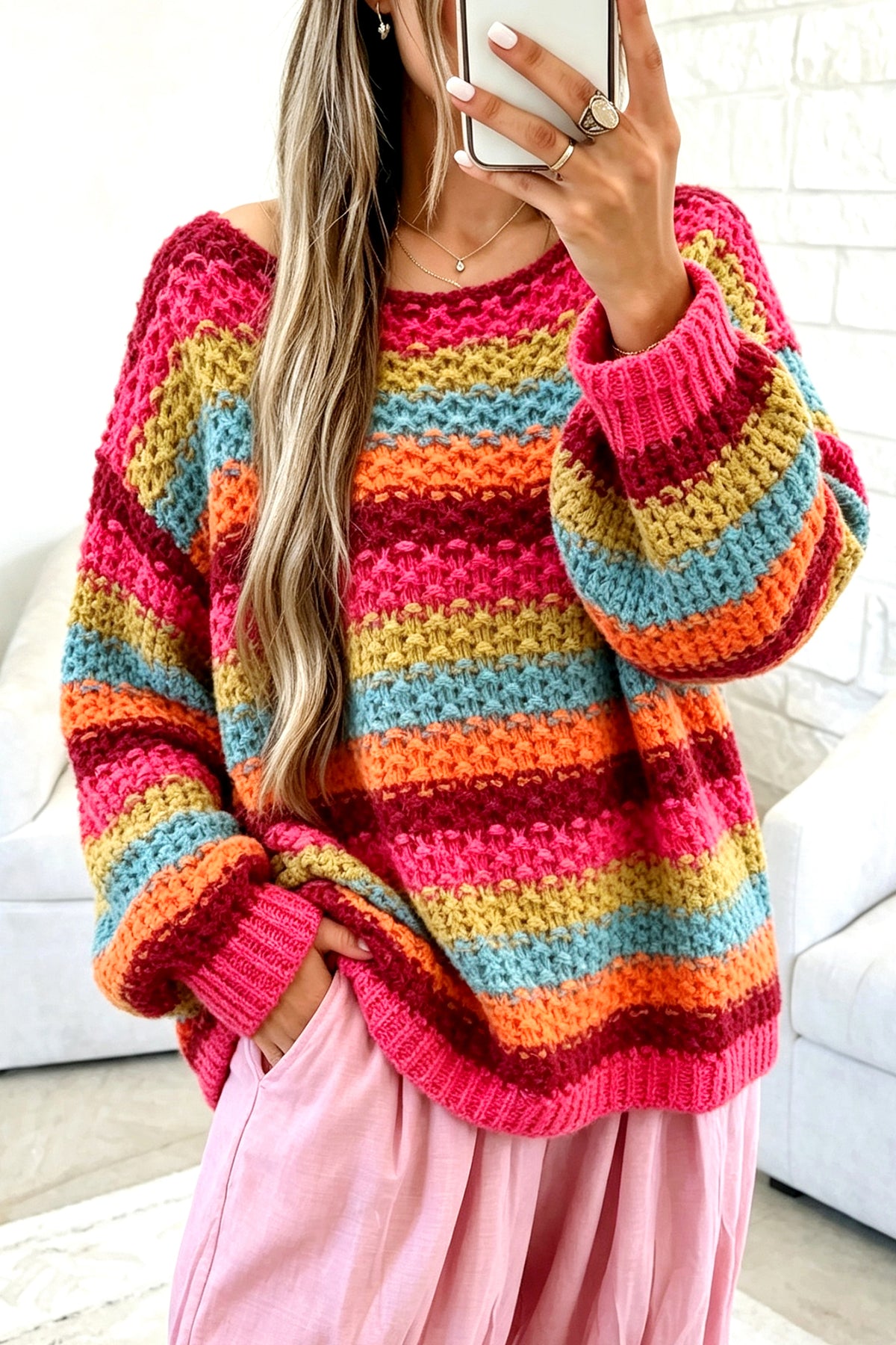 *Rose Red Crochet Striped Knit Oversize Sweater
