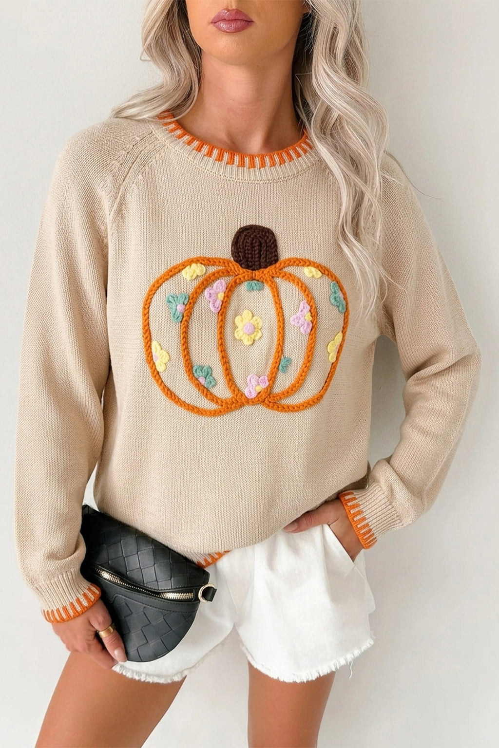 *Parchment Floral Embroidery Pumpkin Long Sleeve Round Neck Sweater