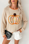*Parchment Floral Embroidery Pumpkin Long Sleeve Round Neck Sweater