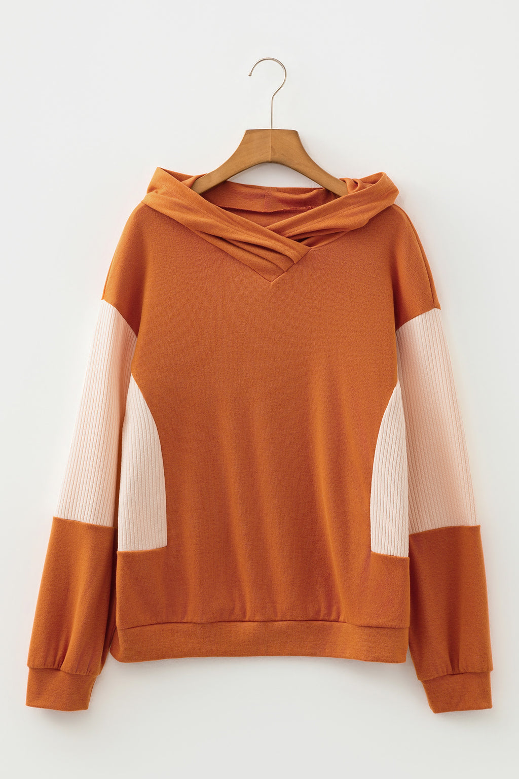 *Gold Flame Contrast Color Ribbed Patchwork Crossed Pullover Neck Hoodie