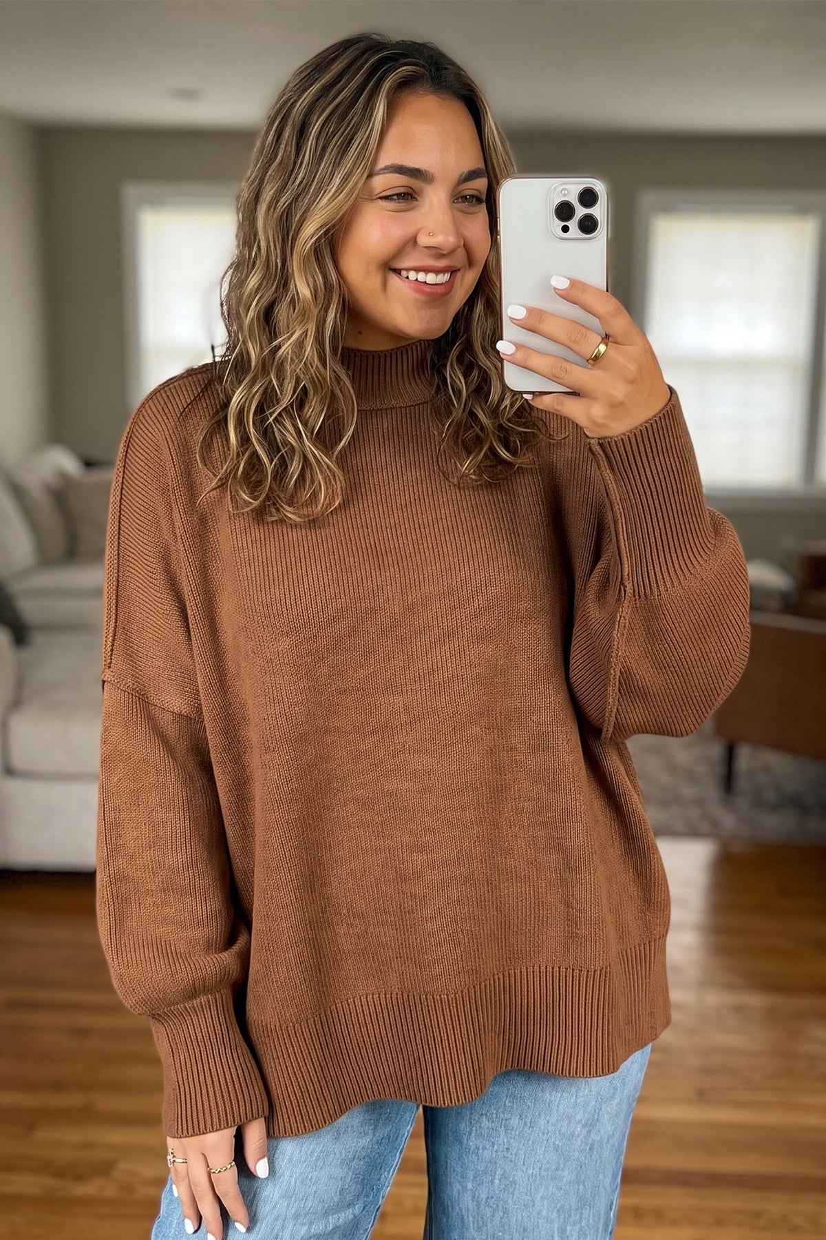 *Chestnut Oversized Ribbed Knit Long Sleeve Tunic Plus Size Sweater