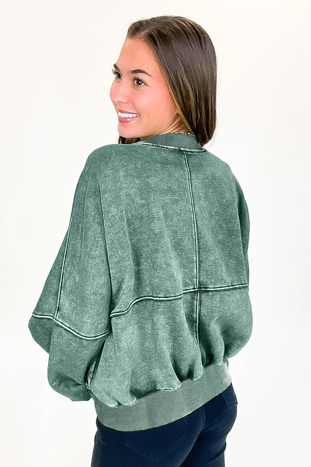 *Evergreen Mineral Washed Zip Open-Front Jacket Style Cotton Sweatshirt