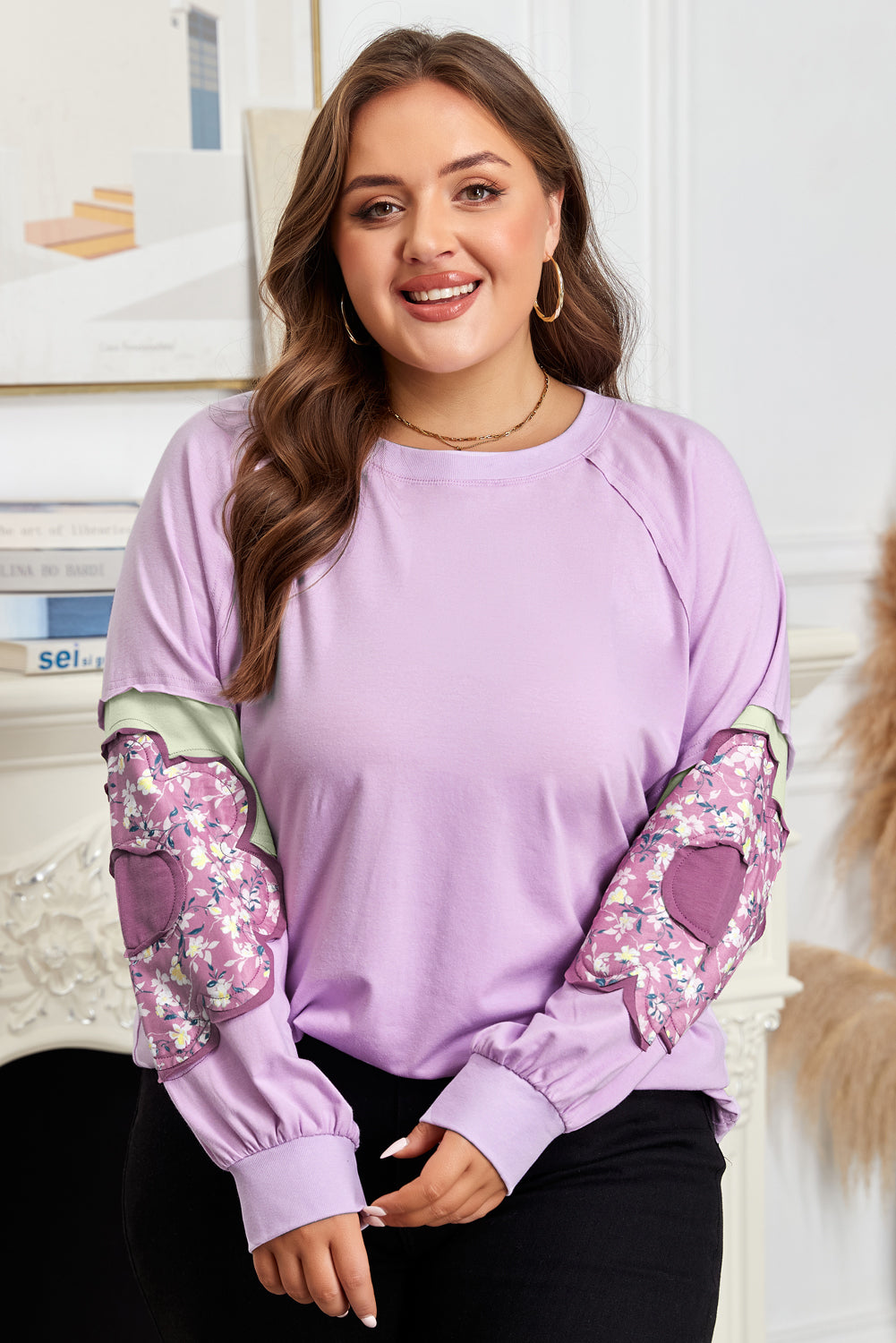 *Phalaenopsis Flower Patch Colorblock Plus Size Pullover Top