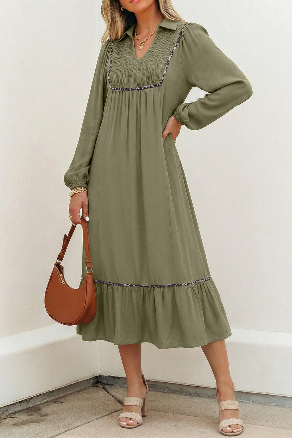 *Four Leaf Clover Collared V Neck Smocked Detail Contrast Leopard Trim Bracelet Sleeve Long Dress