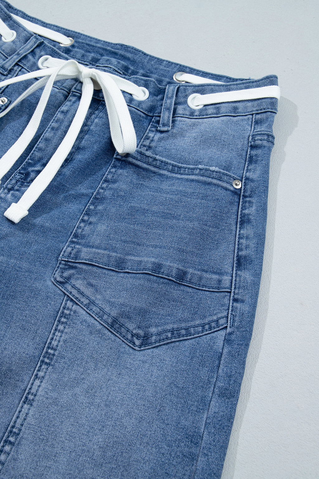 *Beau Blue Solid Patchwork Grommet Tie Waist Loose Ankle-Length Jeans