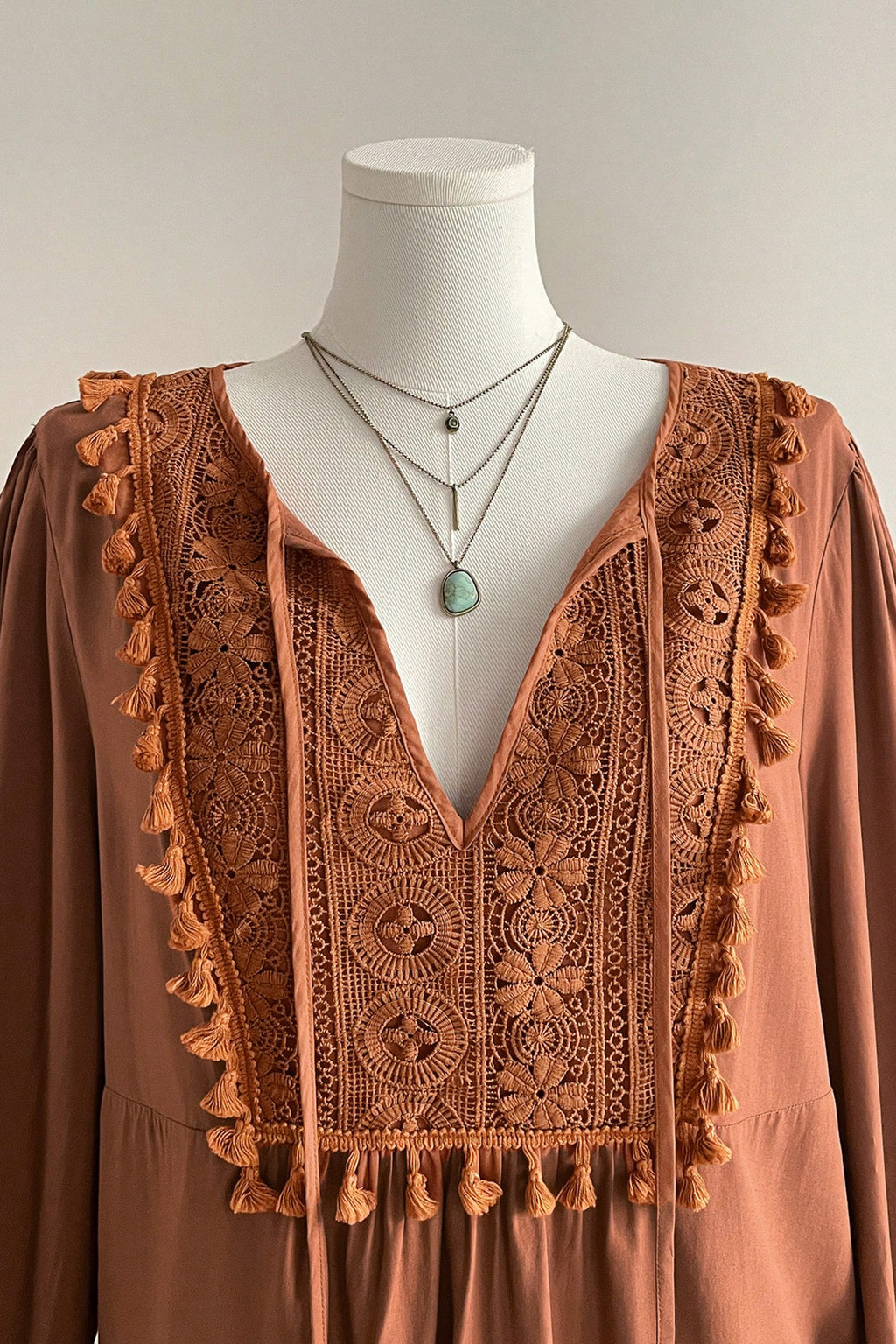 *Chestnut Boho V Neck Embroidered Tassel Long Sleeve Plus Size Blouse