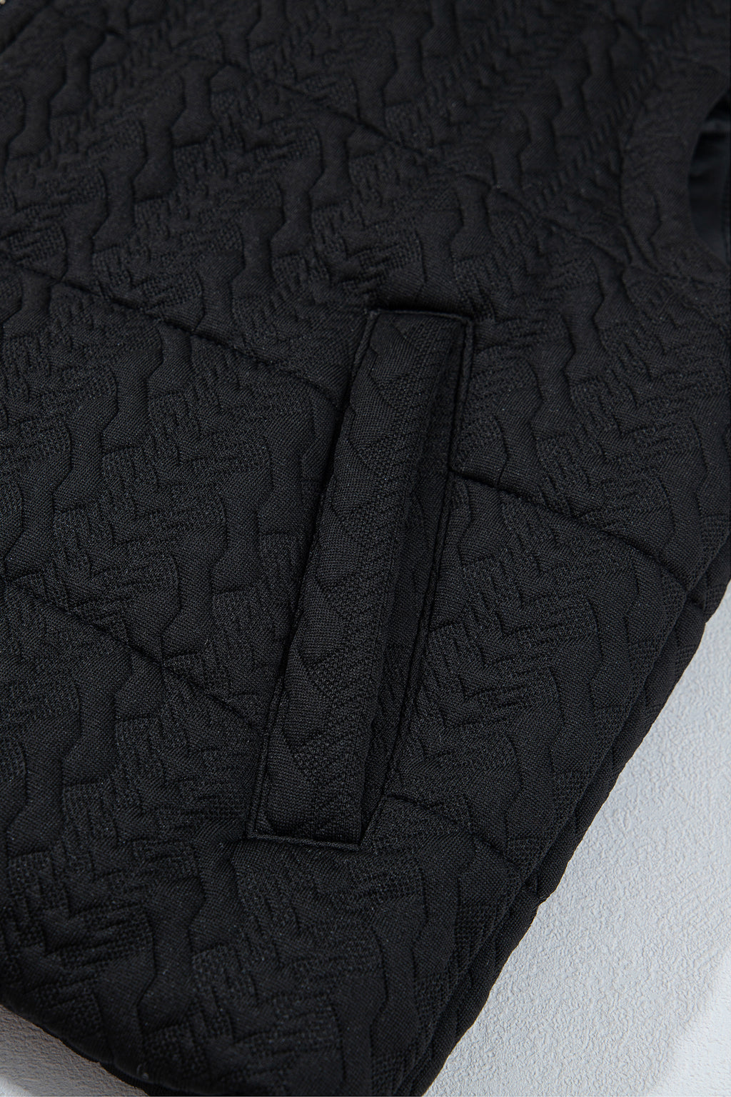 *Black Textured Quilted Stand Neck Zipper Winter Vest