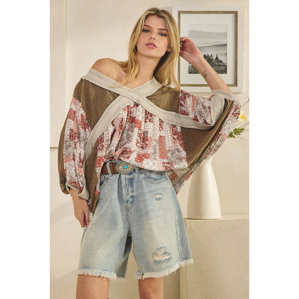 WASHED RIB CROSSED PATCHWORK TOP