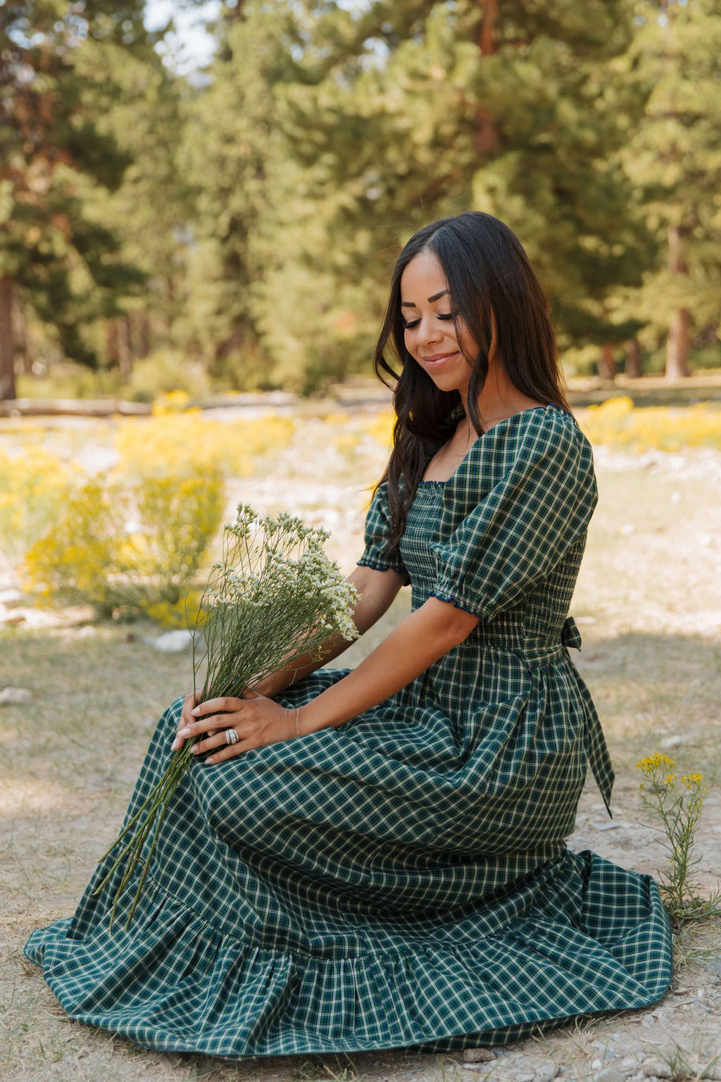 *Green Plaid Square Neck Shirred High Waist Ruffle Hem Dress