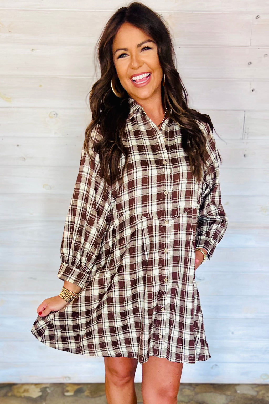 *Brown Plaid Long Sleeve Short Shift Mini Dress