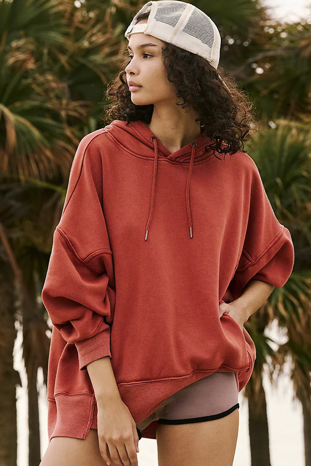 *Red Clay Drop Shoulder Pocketed Baggy Drawstring Hoodie