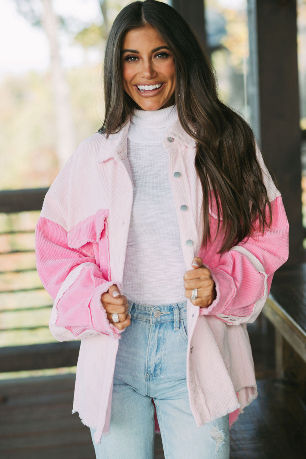 *Delicacy Two-tone Color Exposed Seam Corduroy Shacket