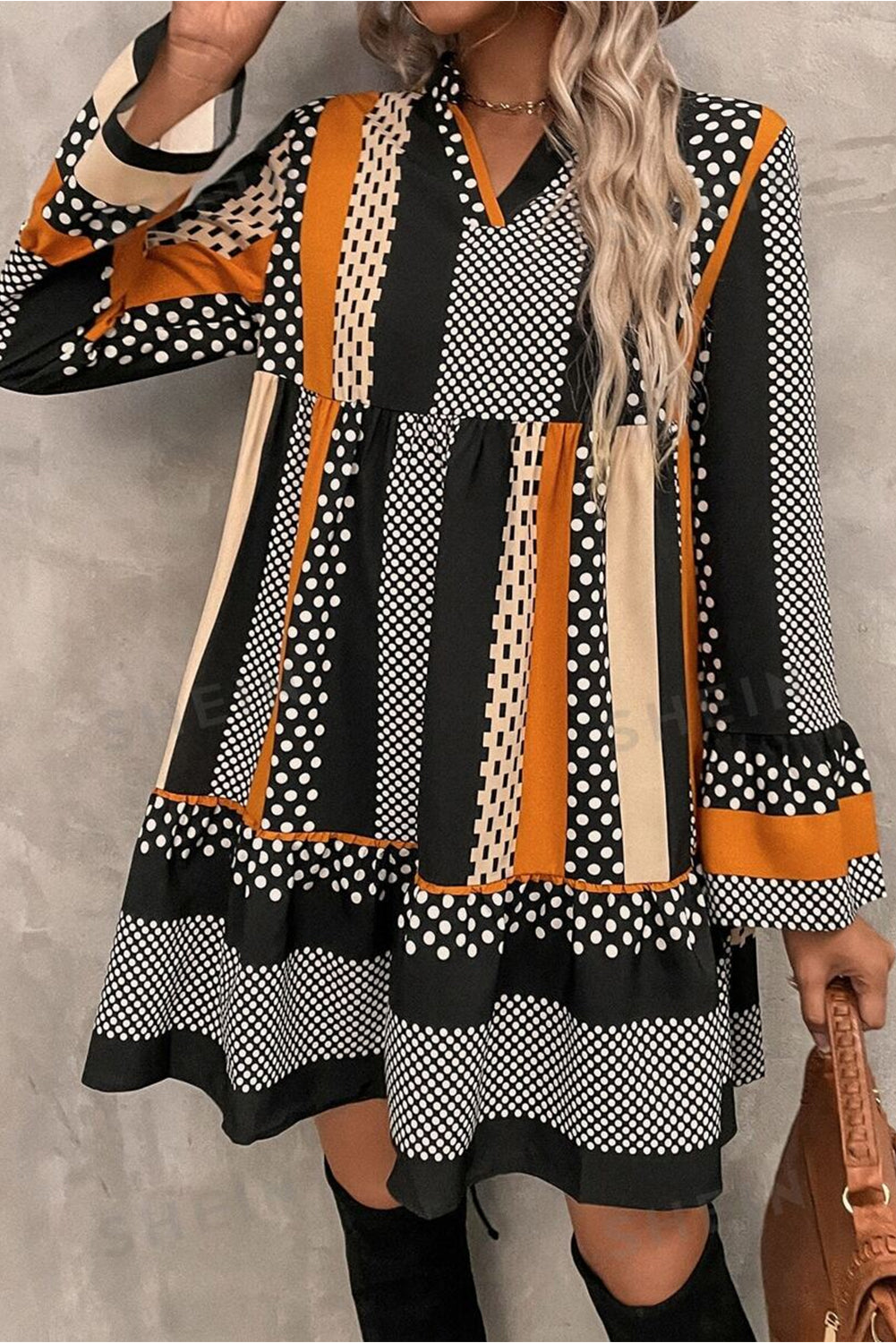 *Black Striped Polka Dot Print Ruffled Hem V Neck Mini Dress