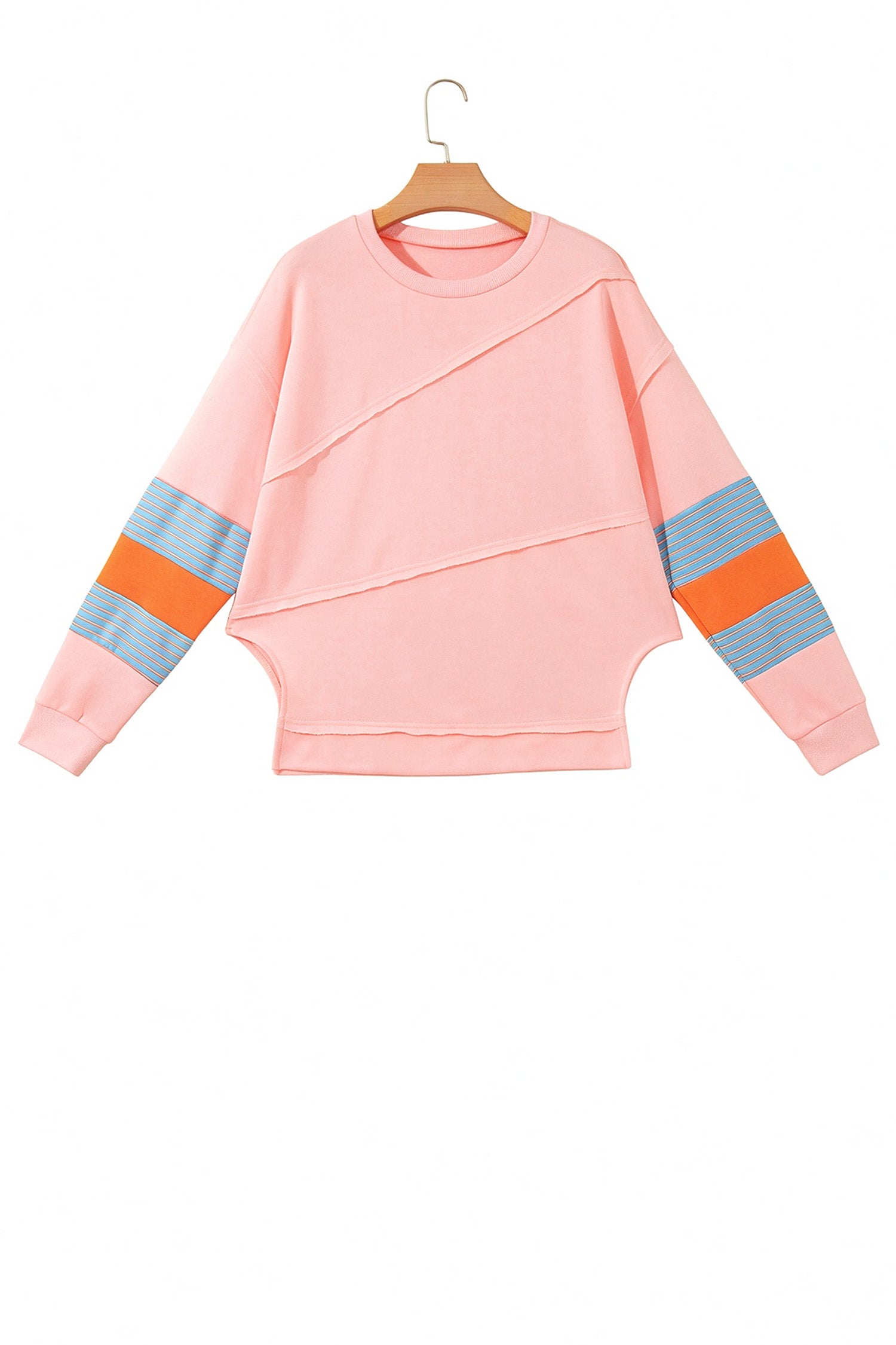 *Pink Colorblock Striped Patchwork Long Sleeve Round Neck Blouse
