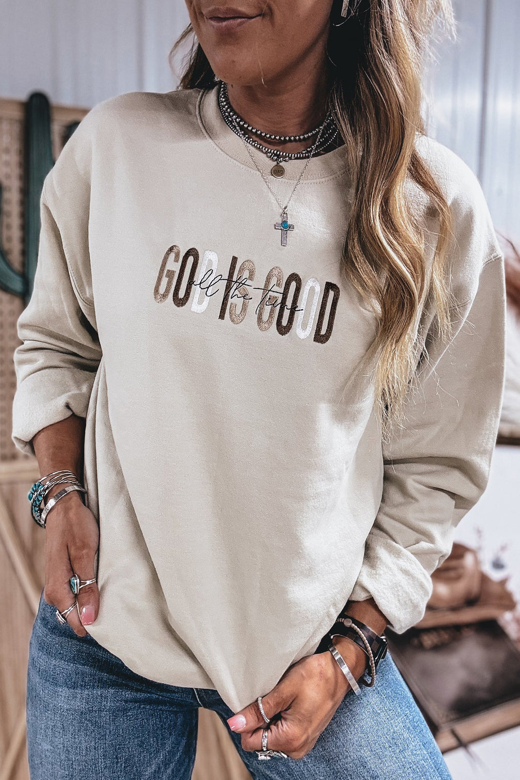 *Jet Stream GOD IS GOOD Western Embroidered Letter Crewneck Pullover Sweatshirt