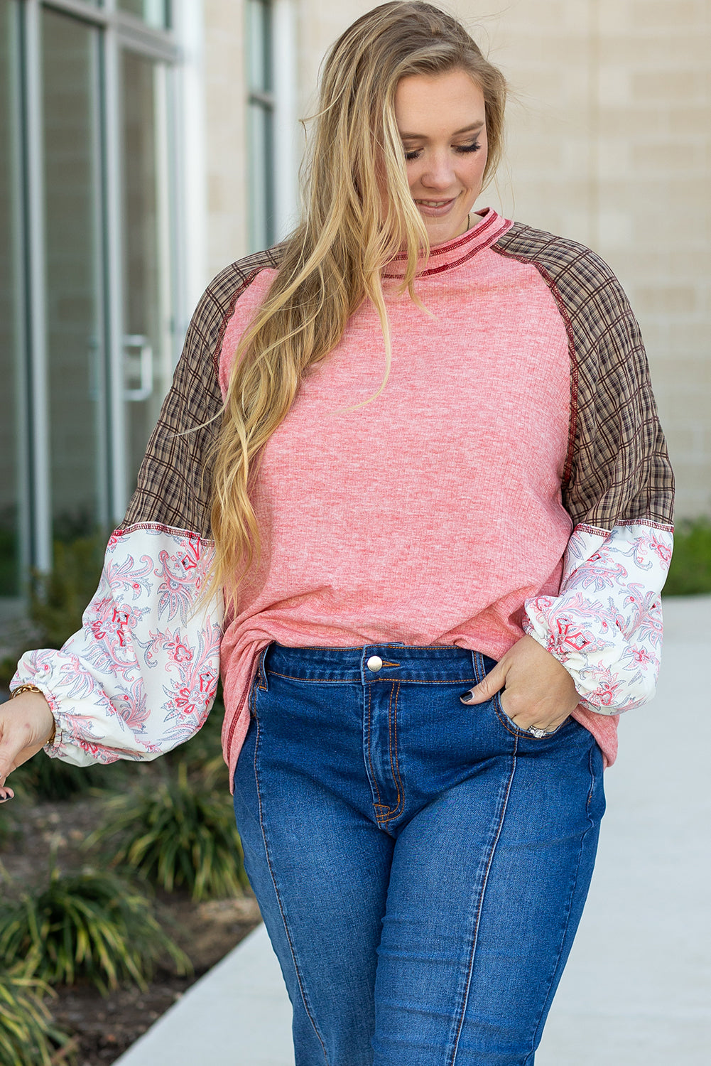 *Pink Checkered Paisley Patchwork Raglan Sleeve Seamed Plus Size Top