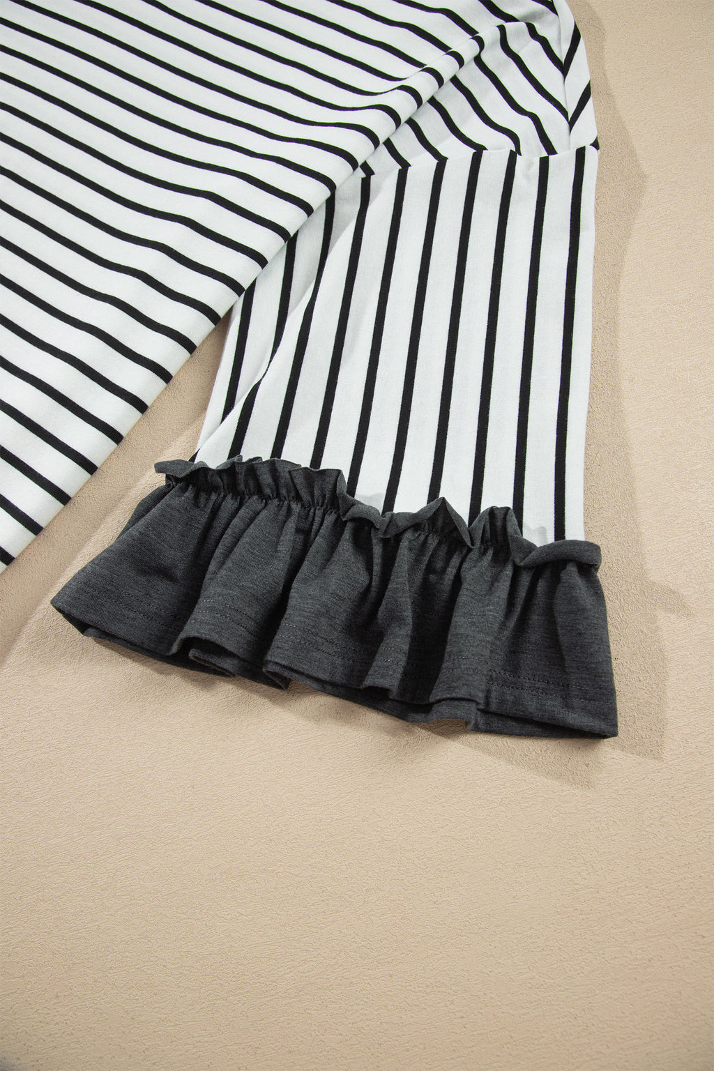 *2 colors Khaki/Gray Stripe V Neck Ruffle Contrast Sleeve Top Drawstring Pants 2pcs Set
