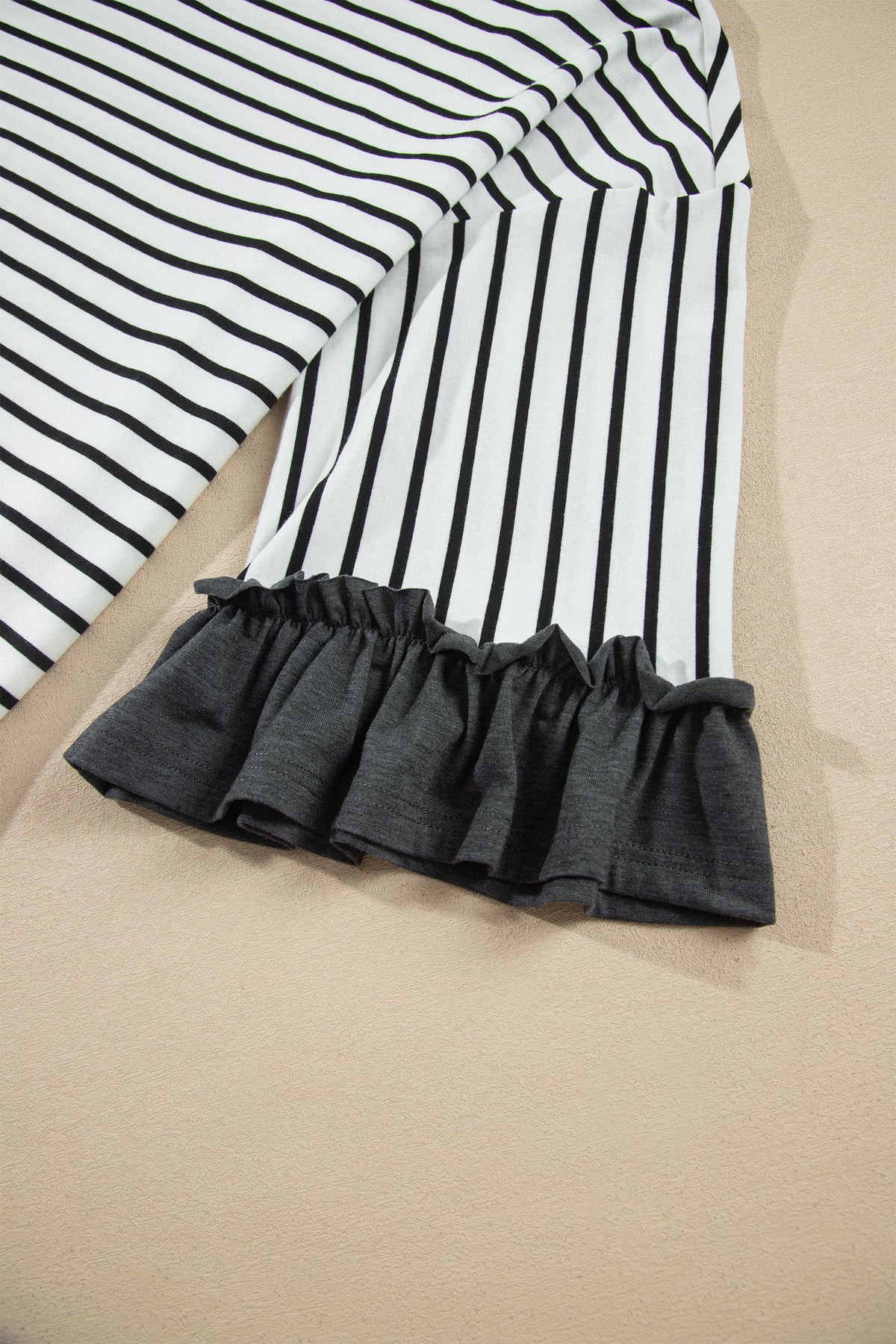 *2 colors Khaki/Gray Stripe V Neck Ruffle Contrast Sleeve Top Drawstring Pants 2pcs Set