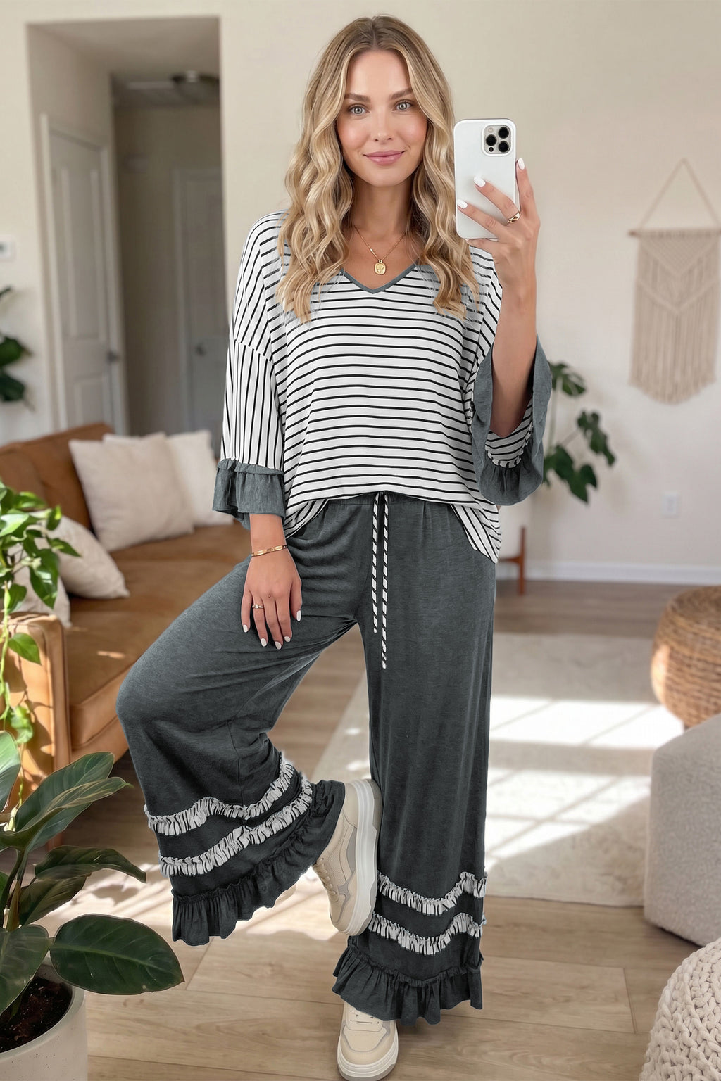 *Gray Stripe V Neck Ruffle Contrast Sleeve Top Drawstring Pants 2pcs Set