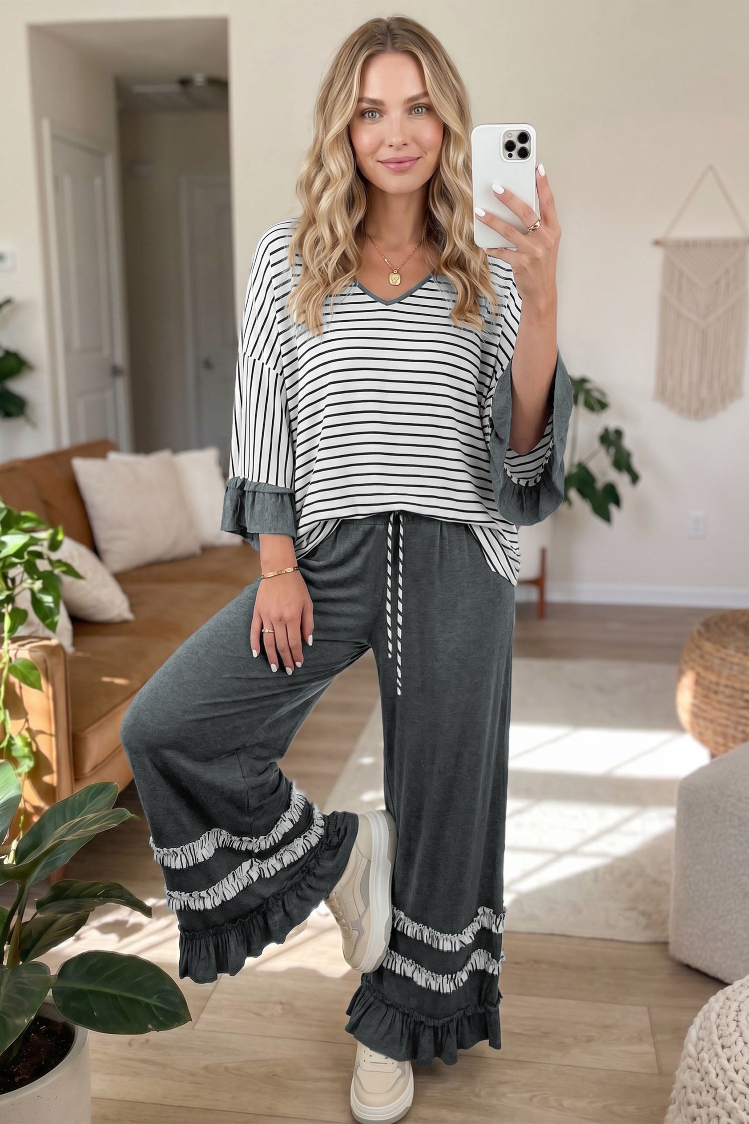 *Gray Stripe V Neck Ruffle Contrast Sleeve Top Drawstring Pants 2pcs Set