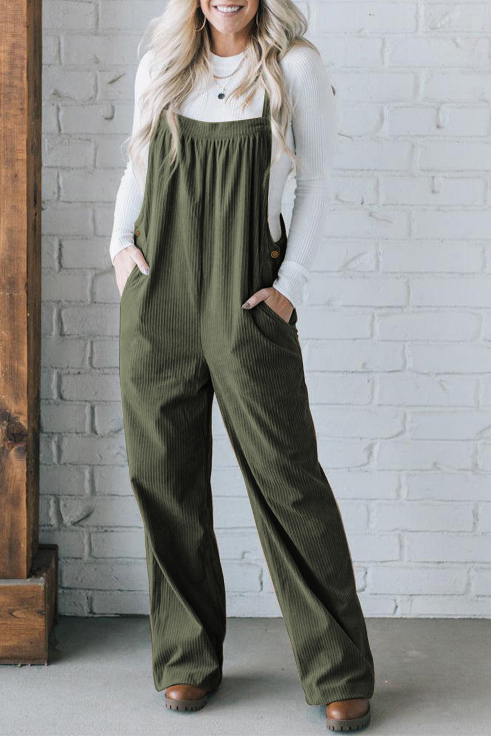 *Jungle Green Button Adjustable Straps Solid Color Corduroy Jumpsuit