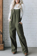 *Jungle Green Button Adjustable Straps Solid Color Corduroy Jumpsuit