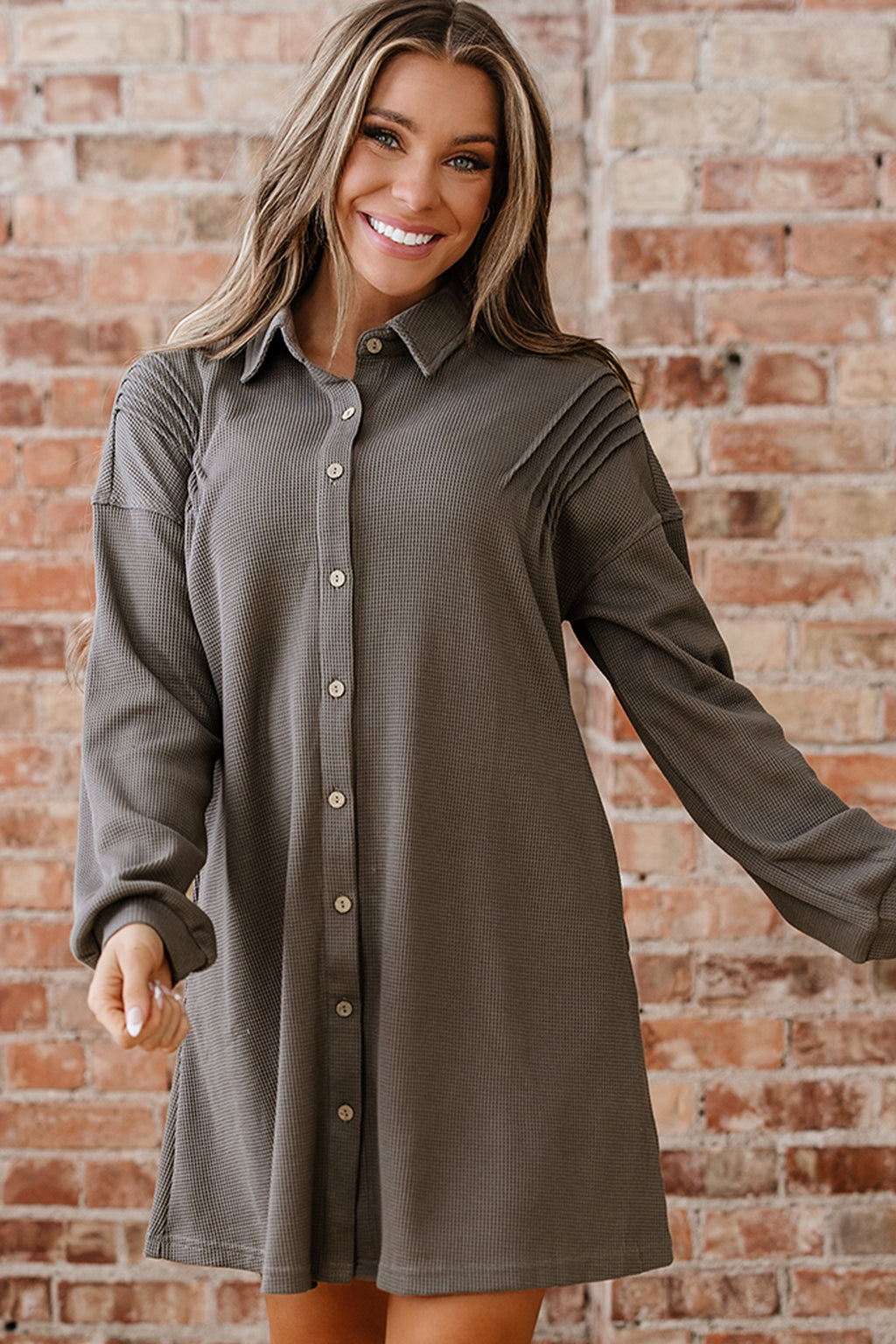 *Simply Taupe Waffle Knit Shirt Tunic Dress