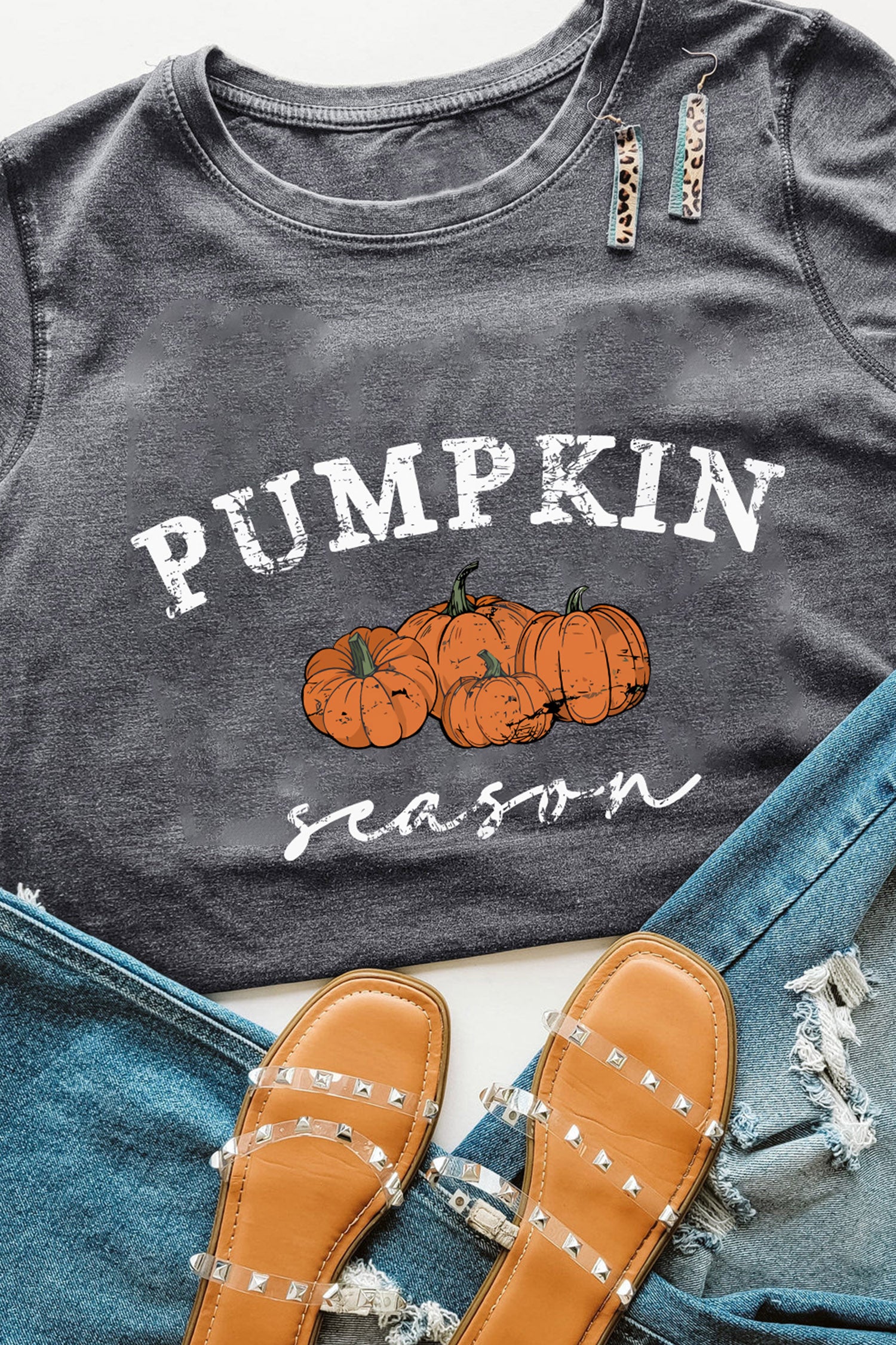 *Gray Pumpkin Season Graphic Round Neck Short Sleeve T-Shirt