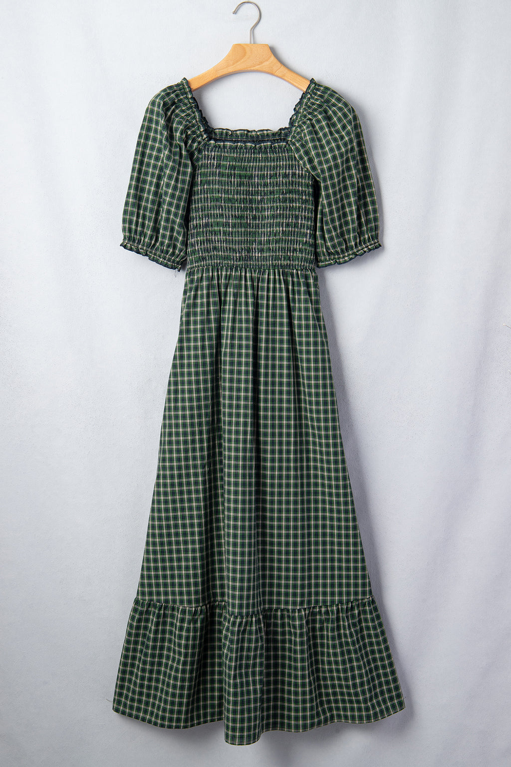 *Green Plaid Square Neck Shirred High Waist Ruffle Hem Dress