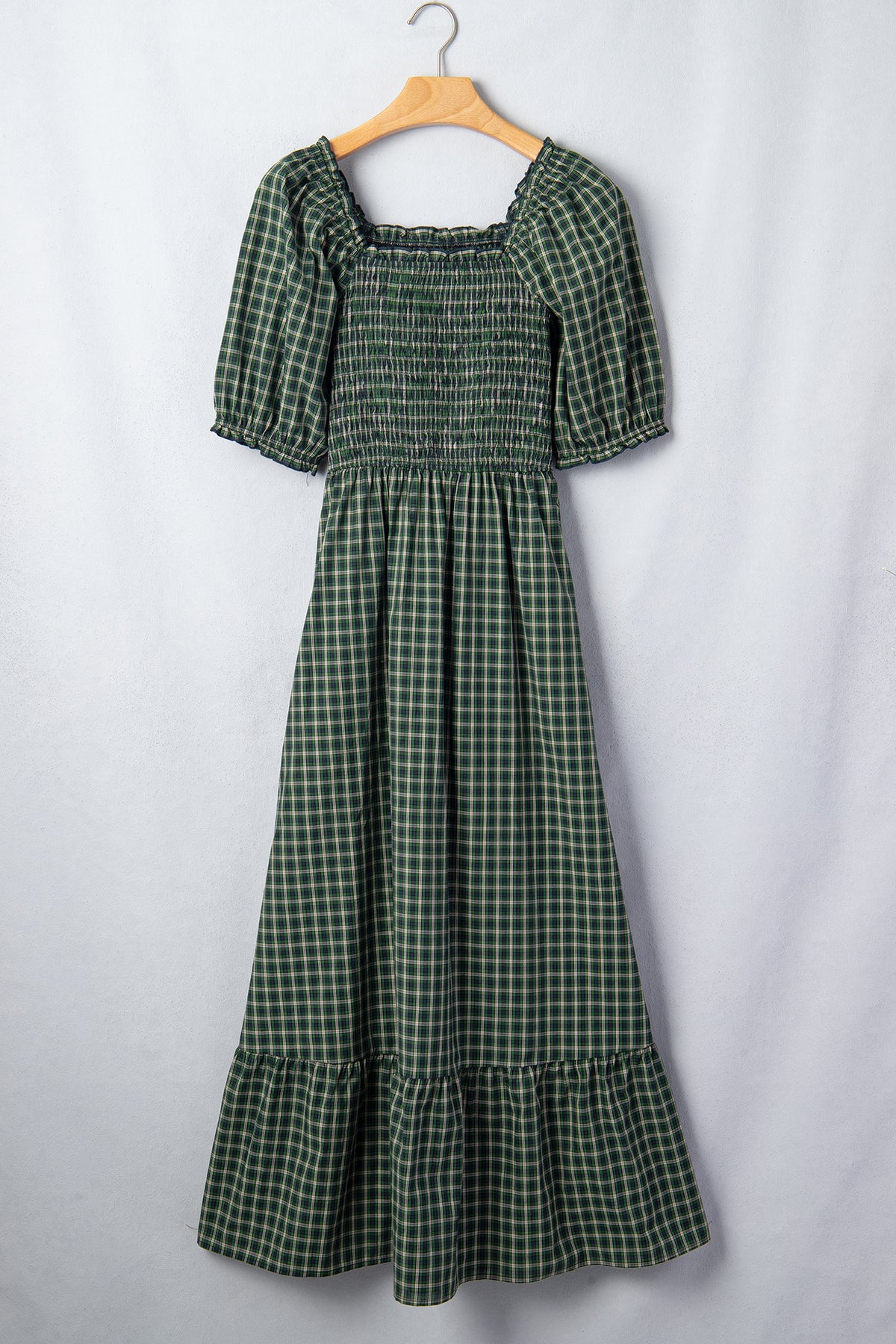 *Green Plaid Square Neck Shirred High Waist Ruffle Hem Dress